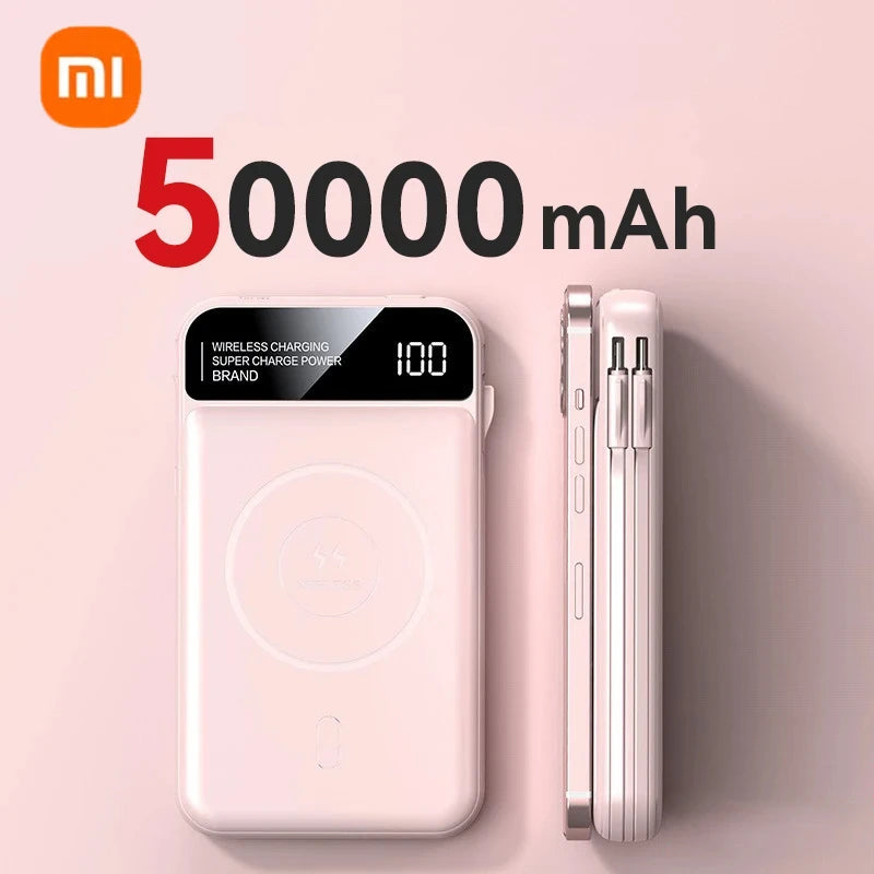 Xiaomi Power Bank 50000mah Wireless Charging Magsafe Power Bank Magnetic Charging Built-in Wire Mobile Phone Battery For Iphone