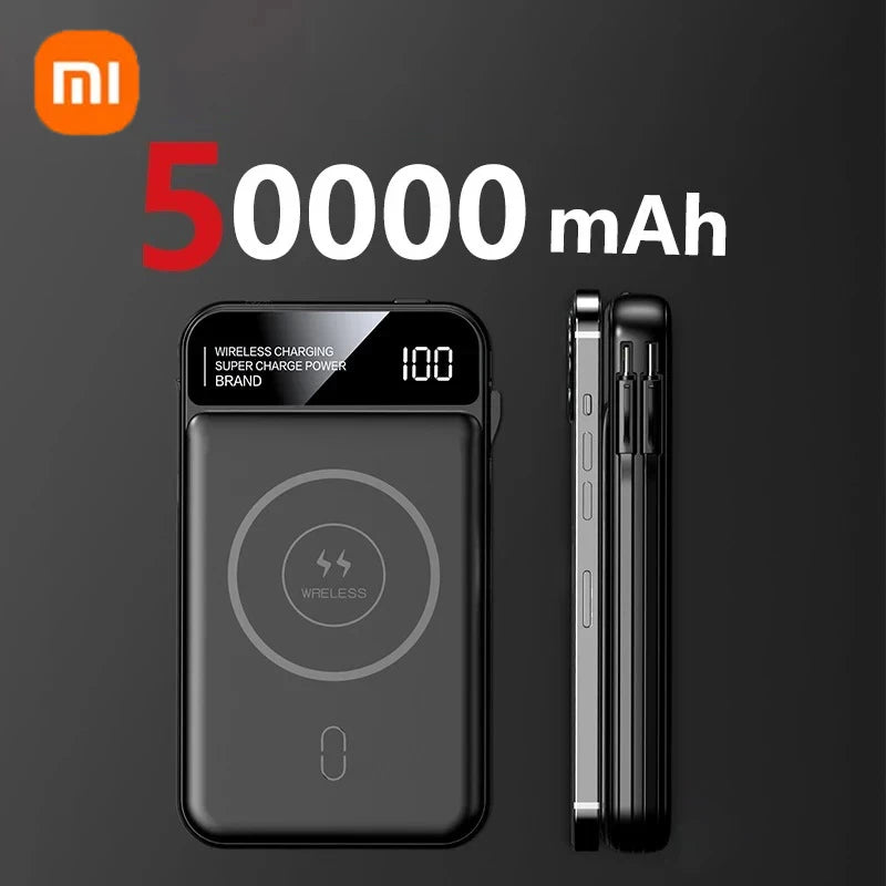 Xiaomi Power Bank 50000mah Wireless Charging Magsafe Power Bank Magnetic Charging Built-in Wire Mobile Phone Battery For Iphone