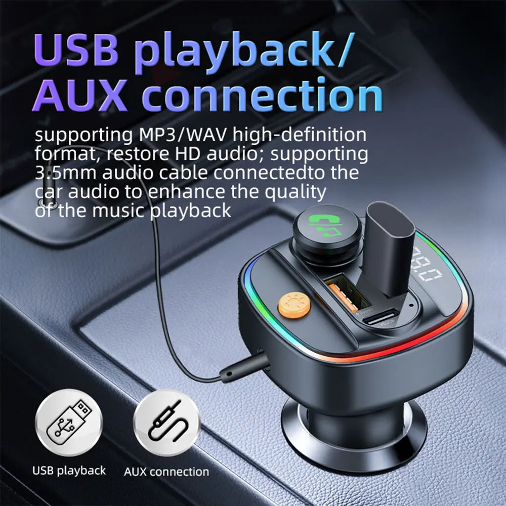 Bluetooth 5.3 FM Transmitter for Car – Handsfree AUX Modulator & Fast Charge MP3 Player