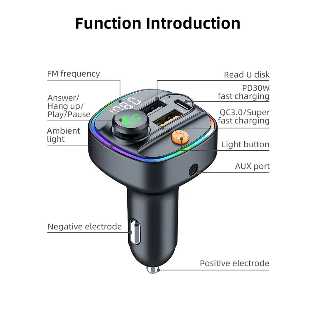 Bluetooth 5.3 FM Transmitter for Car – Handsfree AUX Modulator & Fast Charge MP3 Player