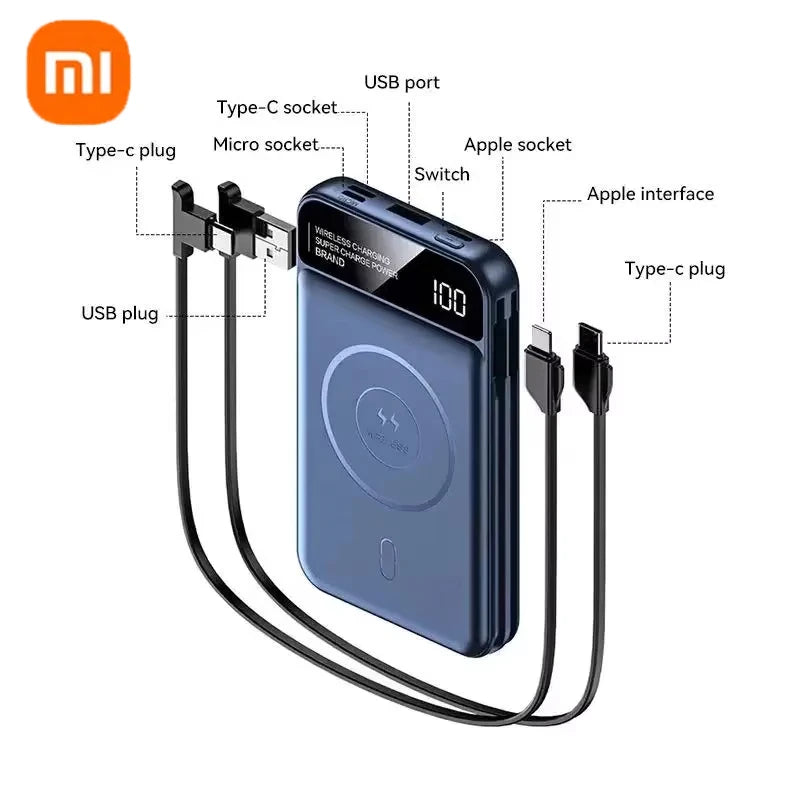 Xiaomi Power Bank 50000mah Wireless Charging Magsafe Power Bank Magnetic Charging Built-in Wire Mobile Phone Battery For Iphone