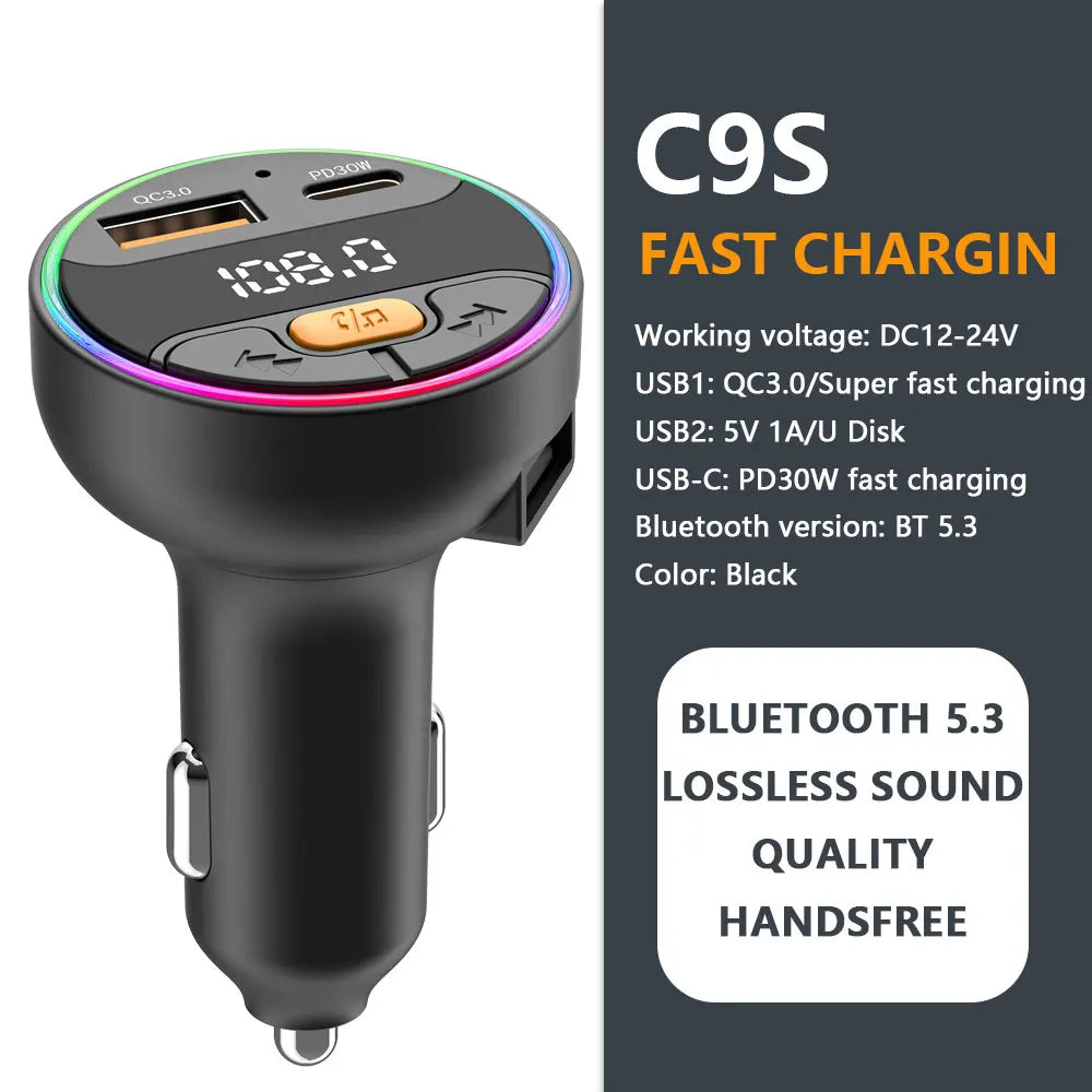 Bluetooth 5.3 FM Transmitter for Car – Handsfree AUX Modulator & Fast Charge MP3 Player