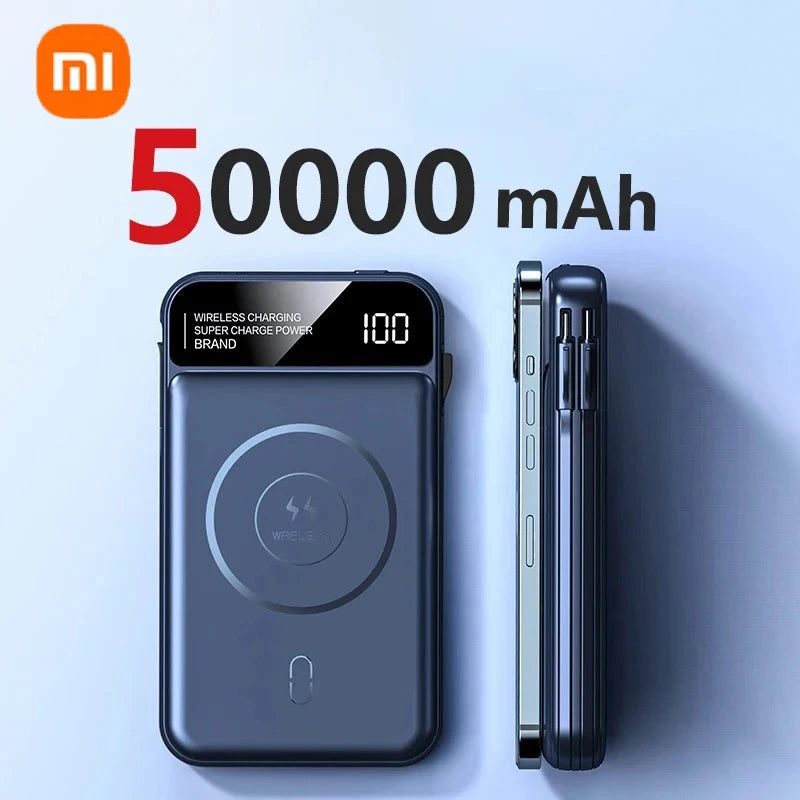 Xiaomi Power Bank 50000mah Wireless Charging Magsafe Power Bank Magnetic Charging Built-in Wire Mobile Phone Battery For Iphone